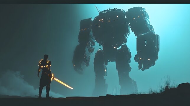 Young warrior with a sword and glowing armor facing a robot