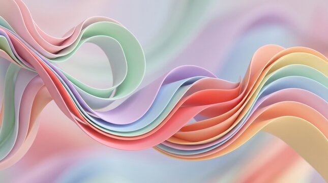 Abstract waves of soft pastel colored ribbons flowing across a smooth gradient background in 3d with abstract render with three dimensional, render