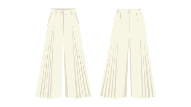 Women High Waisted Wide Leg Pleated Trousers Fashion Technical Sketch Front and Back View Cream Apparel Design