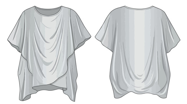 Loose Fit Gray Draped Tunic Blouse Fashion Technical Flat Illustration Front and Back View for Design Mockup