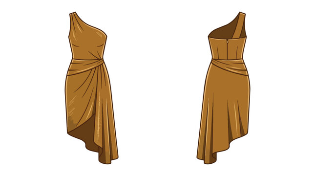 Elegant Gold One Shoulder Asymmetrical Cocktail Dress Illustration Fashion Design Front and Back View
