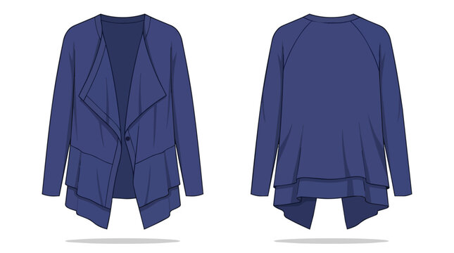 Women's Navy Blue Long Sleeve Draped Cardigan with Ruffle Hem and Cascade Collar Front and Back View Mockup