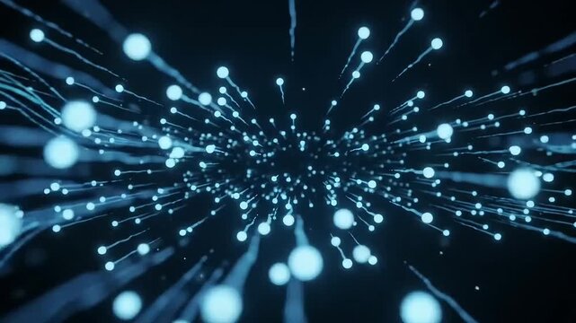 Data particles flowing through abstract digital network space in motio