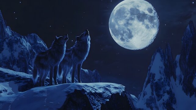 Two wolves howling at the moon