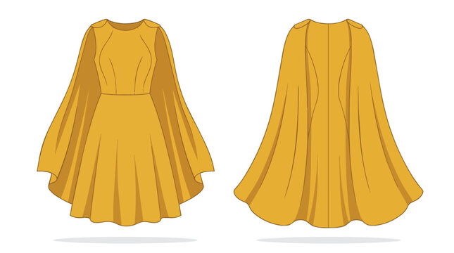 Stylish Yellow Cape Sleeve Party Dress Technical Fashion Sketch Front and Back View Mockup Illustration