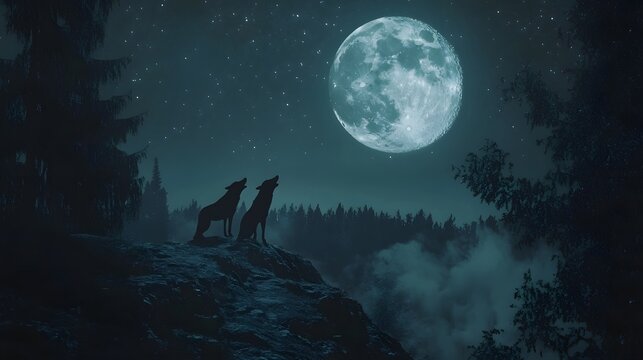 Two wolves howling at the moon