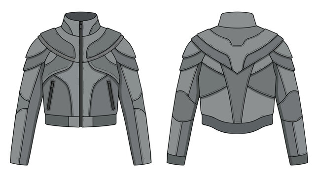 Men Gray Tactical Armored Jacket Technical Flat Sketch with Front and Back Views for Fashion Design Mockup