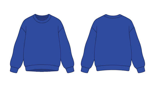 Royal Blue Crewneck Sweatshirt Technical Flat Sketch Front and Back View Apparel Template for Fashion Designers