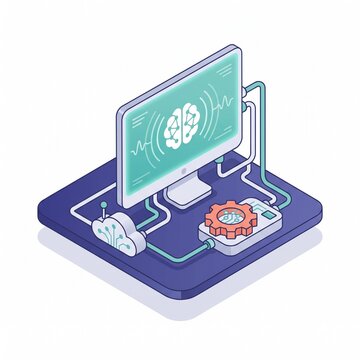A compact square isometric flat vector scene of an AI dashboard hub: a stylized monitor showing a brain and data waves, connected to a cloud node and gear module on a soft platform. 
