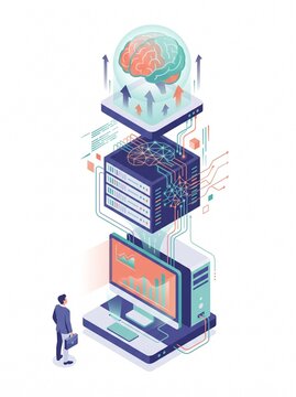 Vertical isometric flat vector AI workflow with brain : A tall vertical isometric vector scene showing an AI workflow from data desktop at the base to server rack in the middle to glowing AI brain.