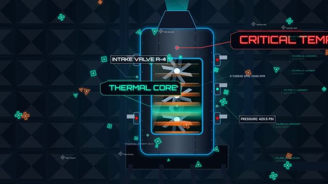 Augmented reality industrial machine scan displaying critical temperature warning for a thermal core boiler system on a futuristic HUD
