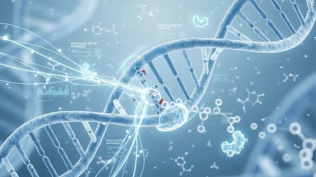 3D DNA double helix genetic engineering with glowing CRISPR gene editing and biotechnology data overlay
