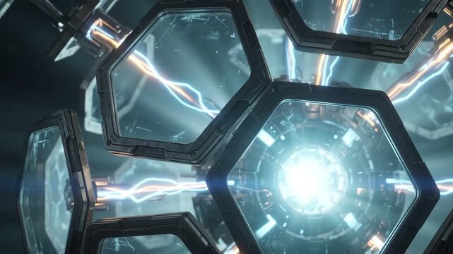 Futuristic hexagonal sci-fi reactor chamber with glowing energy conduits and quantum plasma beam