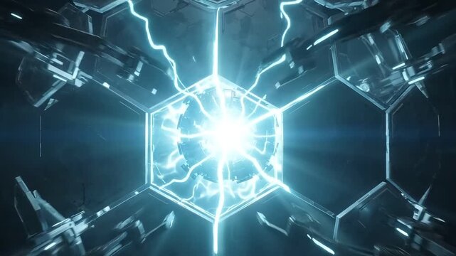Futuristic hexagonal fusion reactor core with powerful blue plasma energy discharge and lightning bolts