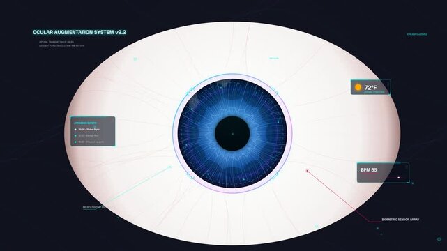 Futuristic augmented reality ocular augmentation system displaying biometric data and eye tracking metrics on a digital HUD