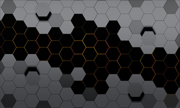 Abstract Black and Grey Hexagon Grid Pattern Background with Glowing Orange Light
