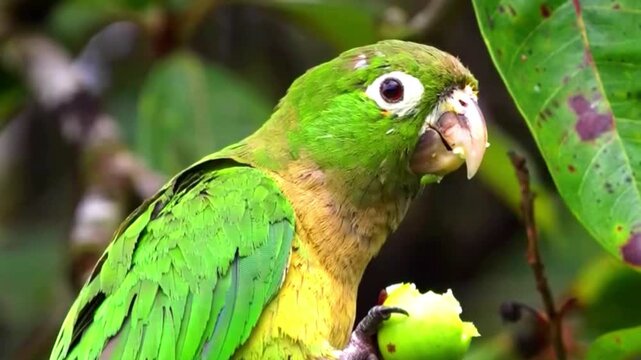 Green parakeet eating a small fruit on a tree branch in the wild