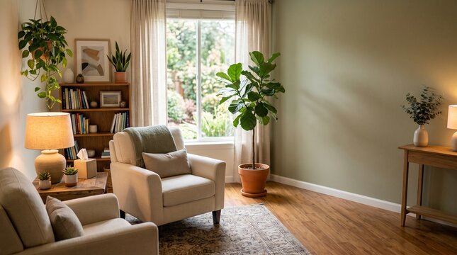 Cozy living room with armchairs, plants, and natural light, mental health concept 
