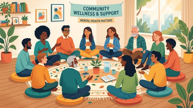 Community wellness support group meeting for mental health discussions  