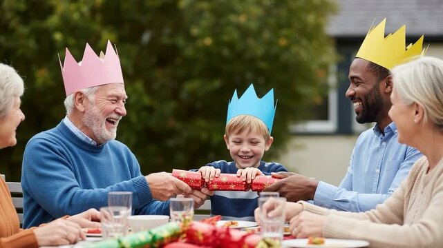 A seamless pattern family celebrating with christmas crackers and paper crowns