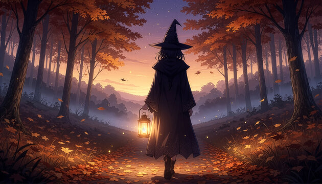 紅葉に包まれた森を行くランタン持ちの魔女
