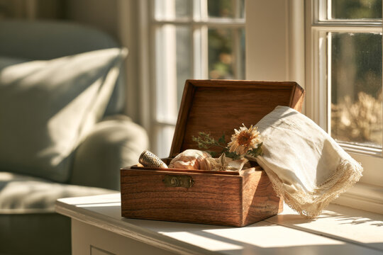 Small reminiscence memory box with simple treasured keepsakes resting on a bright windowsill. Gentle daylight, calm, uncluttered, nostalgia, remembering the past with copy space.
