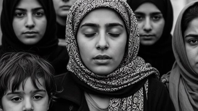 A seamless pattern portrait of a group of women and a child in hijabs