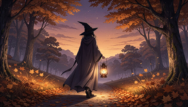 夕暮れの紅葉道をランタン片手に歩く魔女の後ろ姿
