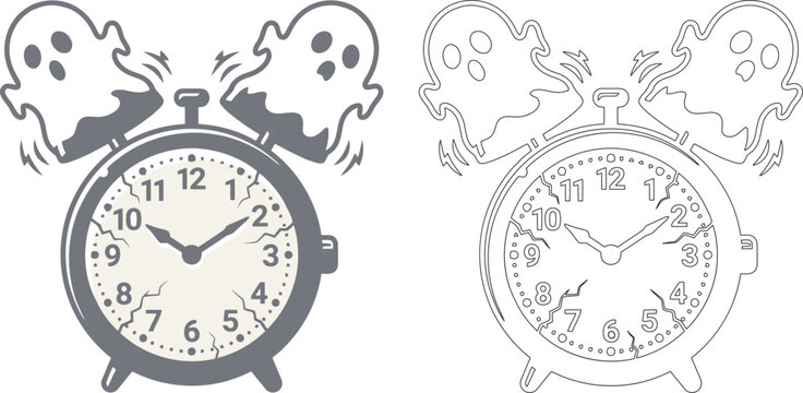 Spooky ghost alarm clock illustration with a solid black and white line art drawing design