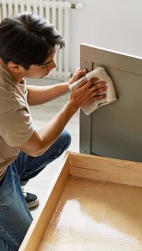 Vertical video: Spotting spill man beige tee jeans home wiping drawer panel with cloth, copy space