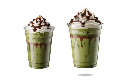 Green Matcha Mocha Frappe with Whipped Cream and Chocolate Drizzle in Plastic Takeaway Cup on Transparent Background