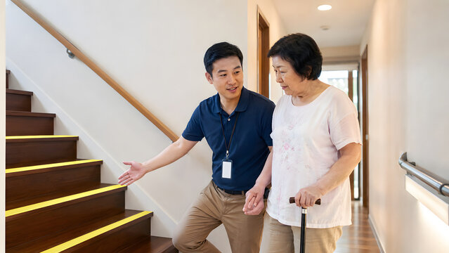 Home modification specialist showing high contrast stair edge markings and hallway lighting to an older Asian woman with low vision