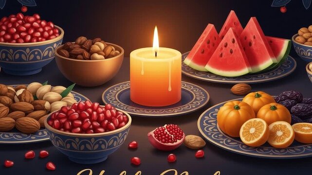 A seamless pattern yalda night celebration table with pomegranates and nuts