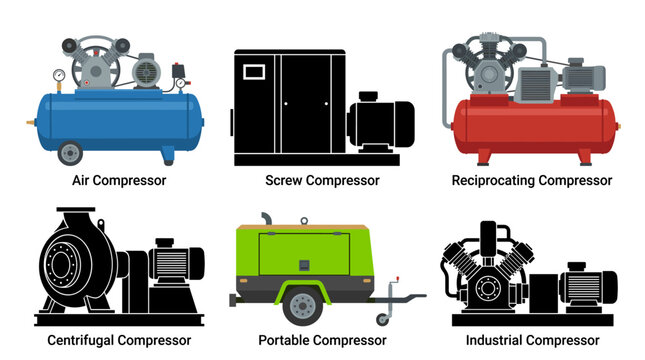 Collection of Compressor Vector Illustrations Featuring Air Compressor, Screw Compressor, Reciprocating Compressor, Centrifugal Compressor, Portable Compressor and Industrial Compressor