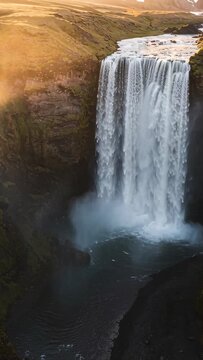 Vertical video: Flowing river over plateau, pouring waterfall down cliff into plunge pool at canyon