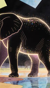Vertical video: Stepping big elephant going toward pool as sparkles tracing back, small calf behind