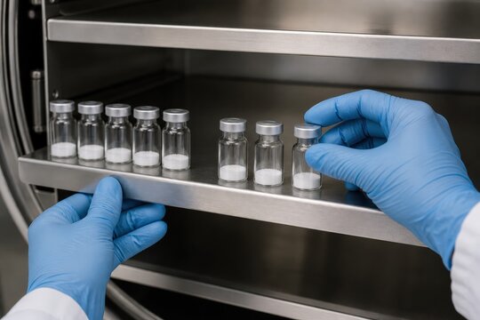 Freeze drying operations gloved hands neutral vials onto lyophilizer shelf only laboratory close up containing two placing three