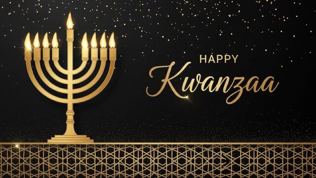 A seamless pattern golden kwanzaa kinara candle holder on black background