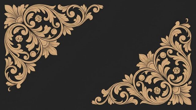 Elegant baroque floral corner ornament animation on black background