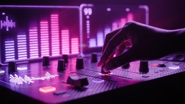 DJ hand adjusting mixer knobs with neon audio visualizers in dark studio, close-up