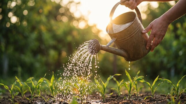 Gardener watering young corn plants in a field at sunset with a vintage watering can