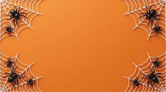 Top view of a festive halloween background featuring black spiders and white webs on orange