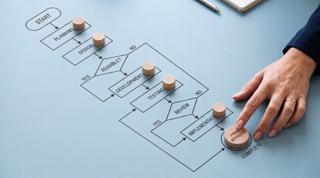 Hand moving wooden block on a business process flowchart for automatic task management.