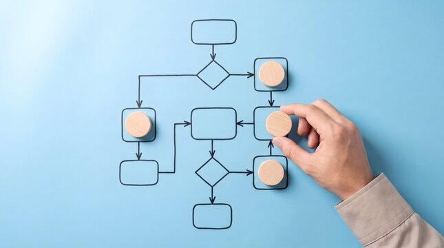 Hand placing wooden block on a flowchart representing automatic task management and business process optimization.