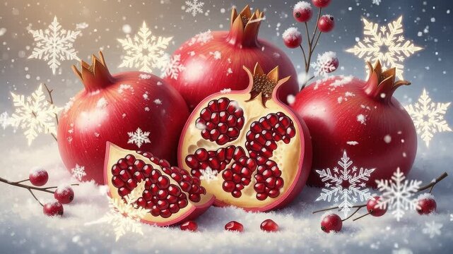 A seamless pattern pomegranates in snow for yalda night celebration