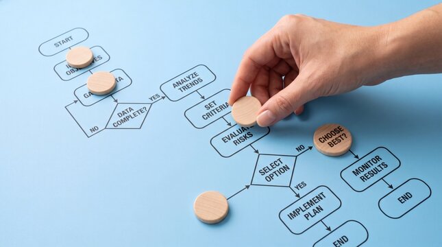 Hand placing wooden token on business process flowchart for automatic task management concept.
