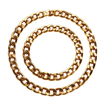 Gold chain necklace forming two circles arranged as a luxury jewelry element for fashion accessories and elegant metal retail displays