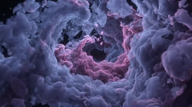 Purple nebula clouds swirling through space in cosmic journey