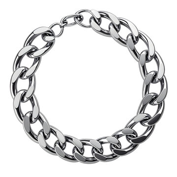 Silver chain bracelet arranged in a circular shape made of polished heavy metal links for luxury fashion accessory marketing