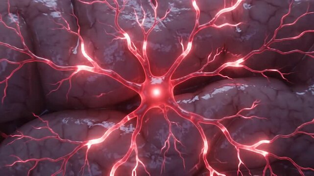 Human brain emitting red electrical impulses and neural activity, close up zoom